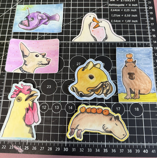 Waterproof Animal Stickers – 3" Glossy Vinyl | Original Watercolor Art | Capybara, Angler Fish, Goose, Chihuahua, Rooster, Dumbo Octopus