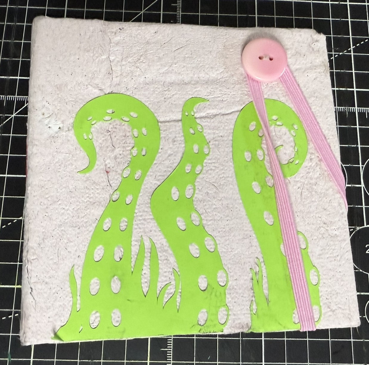 Handmade Paper with Green Tentacles - Pink ooak