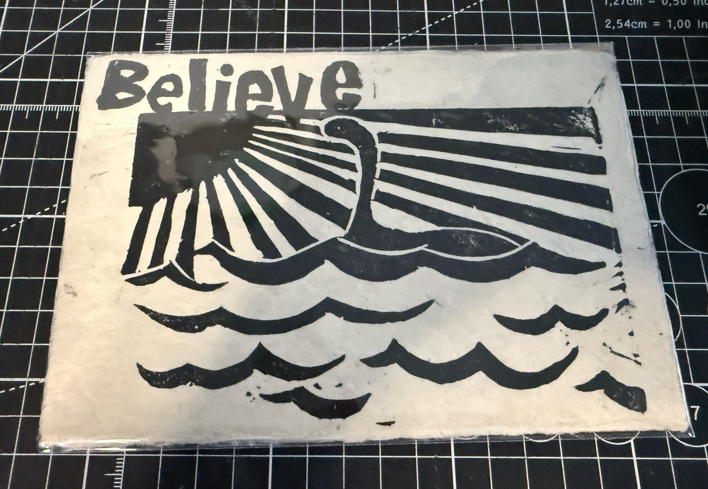 Believe -  Loch Ness Monster Linocut Print