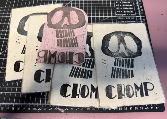 CHOMP - Skull Linocut Print
